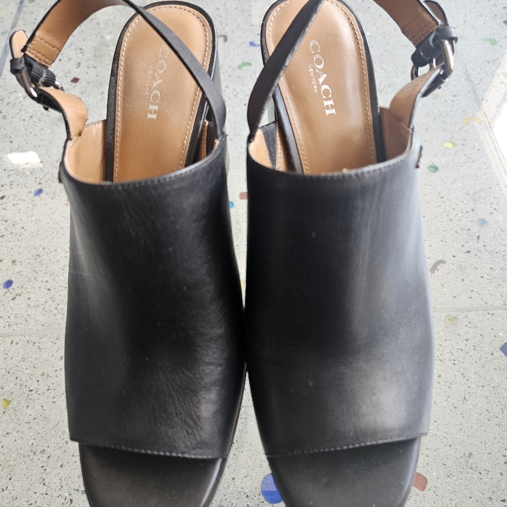 Coach Brady Black Leather Peep Toe Slingbacks With Block Heal